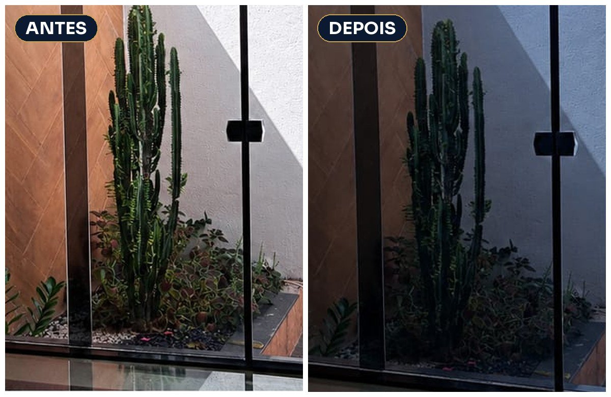 Antes e depois com película de controle solar