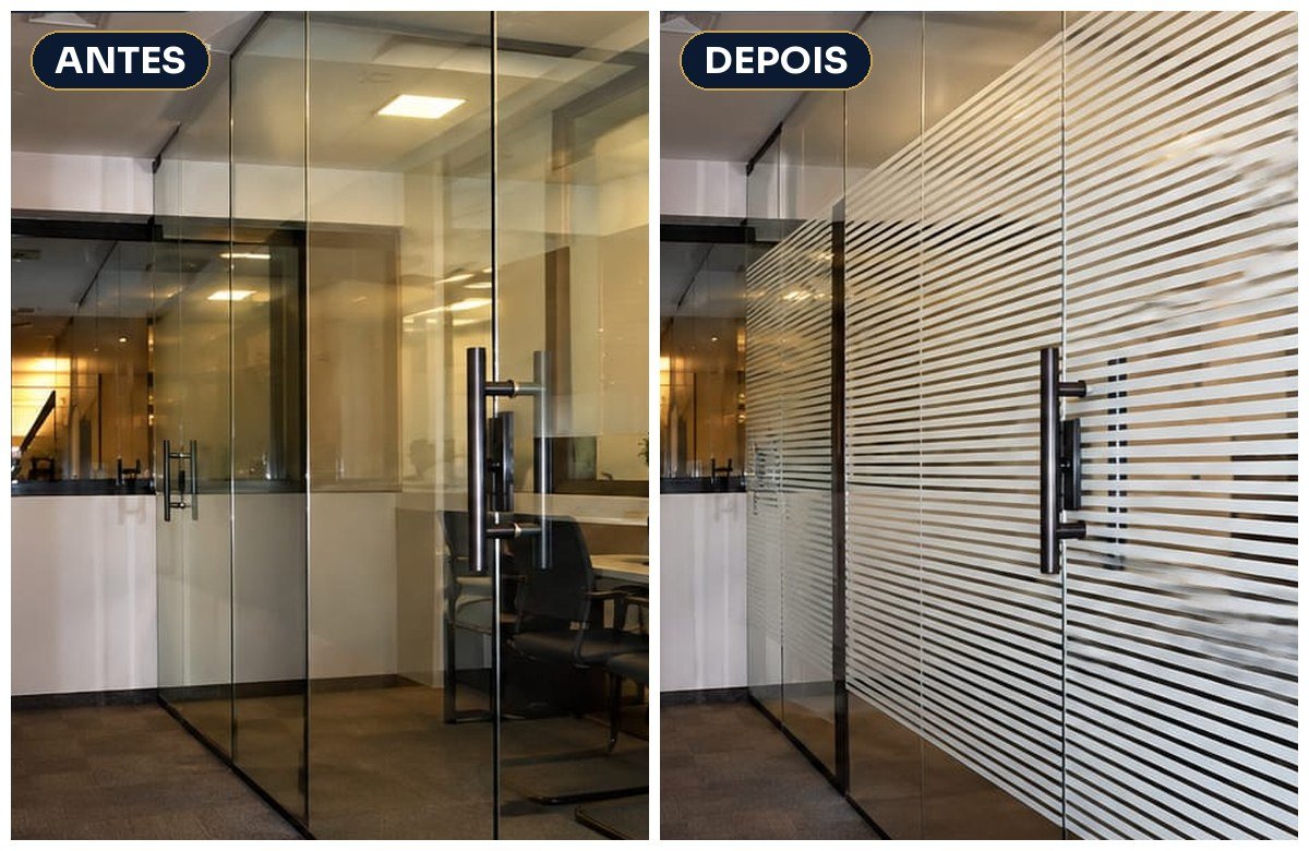Antes e depois com película decorativa listrada