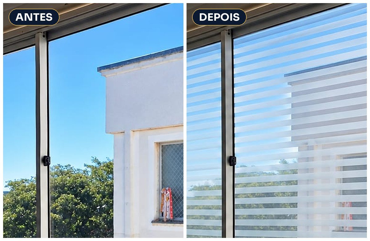 Antes e depois com película listrada